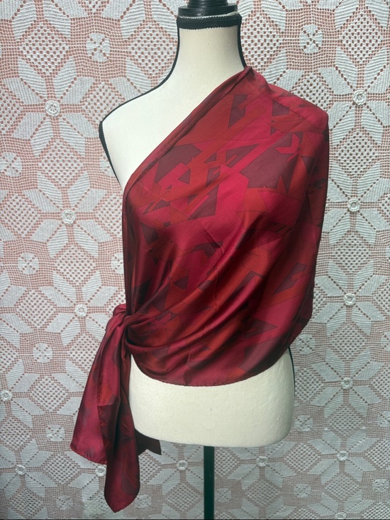 Accessories - 100% Silk Sheer Scarf Wrap | Red Geometric | Lightweight